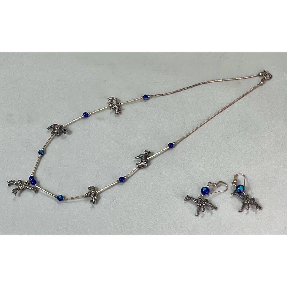 Sterling Silver Assorted Exotic Animal Charms Blue Beads Necklace & Earrings Set - Picture 4 of 16